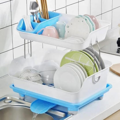Blue 2-Tier Plastic Dish Rack