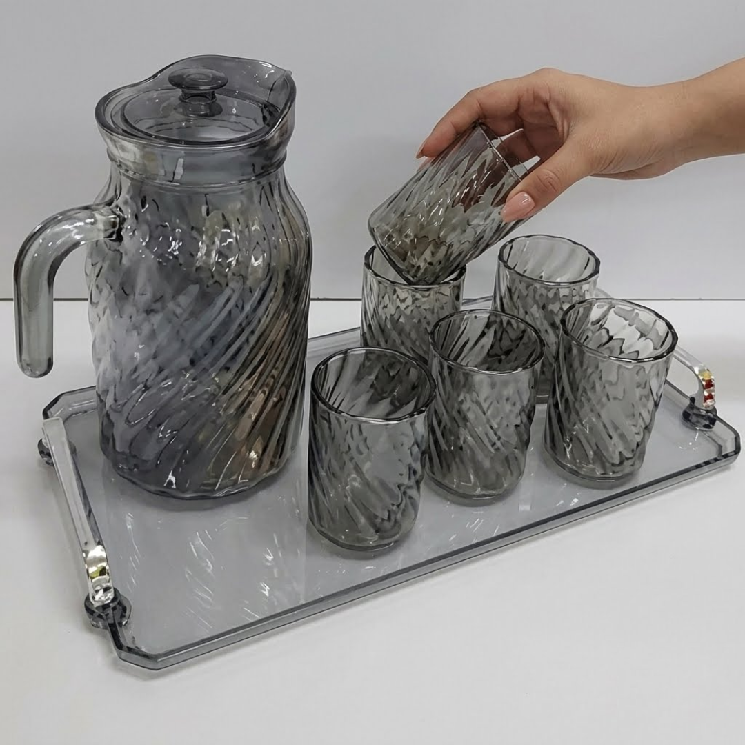 Glass Jug with Glasses and Matching Tray Set
